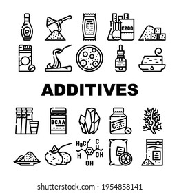 Food Additives Formula Collection Icons Set Vector. Corn Syrup And Sugar Substitute, Chemical Inventory And Amino Acids Food Additives Black Contour Illustrations