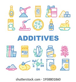 Food Additives Formula Collection Icons Set Vector. Corn Syrup And Sugar Substitute, Chemical Inventory And Amino Acids Food Additives Concept Linear Pictograms. Contour Color Illustrations