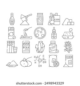 Food Additives Formula Collection Icons Set Vector. Corn Syrup And Sugar Substitute, Chemical Inventory And Amino Acids Food Additives Black Contour Illustrations