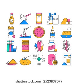 Conjunto de Ícones de Coleção de Fórmulas de Aditivos Alimentares. Xarope De Milho E Substituto De Açúcar, Inventário Químico E Aminoácidos Aditivos Alimentares Cor Contorno Ilustrações