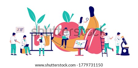 Food additives research, vector flat illustration. Scientists working in biotechnology lab. Food additives study. Genetic engineering. Genetically modified foods, gene technology.