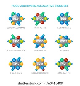 Food additives vector signs with associative molecular structures set