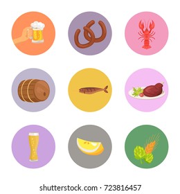 Food and alcoholic drinks vector illustration on white background such as sausages, crayfish and fish, beer and symbols as hop with wheat.