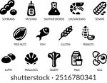 Food allergen allergy icons. include big 8 FDA Major Allergens and 14 food allergies from the EU Food Information for Consumers Regulation EFSA European Food Safety Authority Annex II