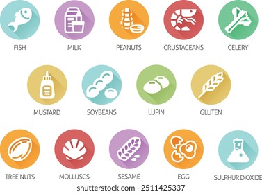 Food allergen allergy icons. include big 8 FDA Major Allergens and 14 food allergies from the EU Food Information for Consumers Regulation EFSA European Food Safety Authority Annex II