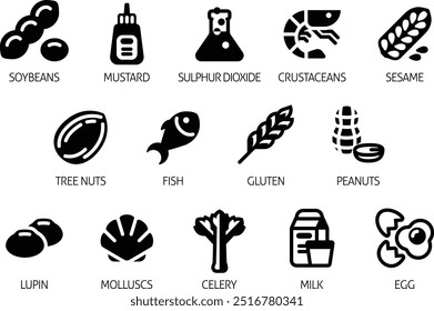 Food allergen allergy icons. include big 8 FDA Major Allergens and 14 food allergies from the EU Food Information for Consumers Regulation EFSA European Food Safety Authority Annex II