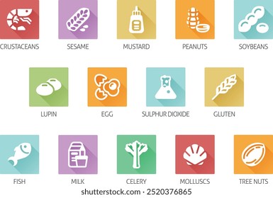 Lebensmittel Allergie-Symbole. umfassen große 8 FDA-Allergene und 14 Lebensmittelallergien aus der EU-Verordnung über Lebensmittelinformationen für Verbraucher EFSA Europäische Behörde für Lebensmittelsicherheit Anhang II