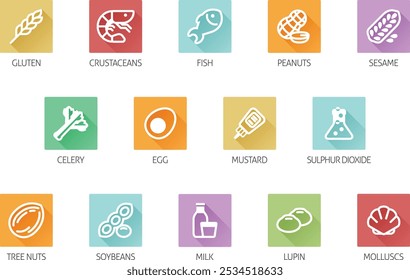 Lebensmittel Allergie-Symbole. umfassen große 8 FDA-Allergene und 14 Lebensmittelallergien aus der EU-Verordnung über Lebensmittelinformationen für Verbraucher EFSA Europäische Behörde für Lebensmittelsicherheit Anhang II