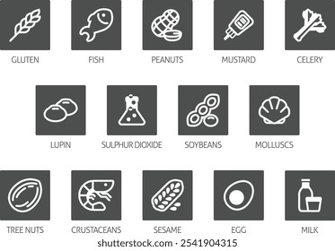 Food allergen allergy icons. include big 8 FDA Major Allergens and 14 food allergies from the EU Food Information for Consumers Regulation EFSA European Food Safety Authority Annex II