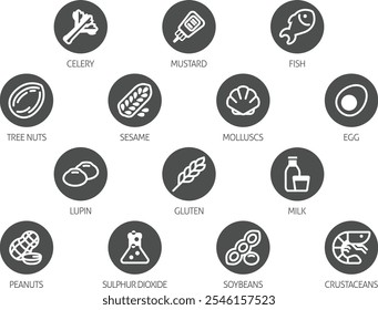 Food allergen allergy icons. include big 8 FDA Major Allergens and 14 food allergies from the EU Food Information for Consumers Regulation EFSA European Food Safety Authority Annex II