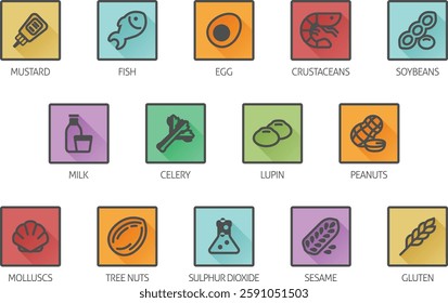 Food allergen allergy icons. include big 8 FDA Major Allergens and 14 food allergies from the EU Food Information for Consumers Regulation EFSA European Food Safety Authority Annex II