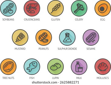 Ícones de alergia a alergênios alimentares. incluem grandes 8 Alergênios Principais da FDA e 14 alergias alimentares do Regulamento da UE relativo à informação dos consumidores sobre os gêneros alimentícios EFSA Autoridade Europeia para a Segurança dos Alimentos Anexo II