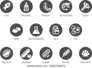 Food allergen allergy icons. include big 8 FDA Major Allergens and 14 food allergies from the EU Food Information for Consumers Regulation EFSA European Food Safety Authority Annex II