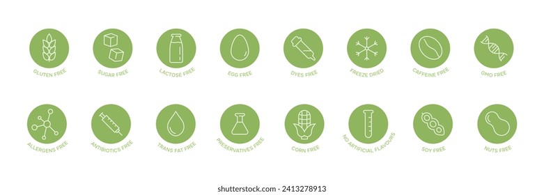 Food allergen free icons set. Lactose free, gluten free, sugar free signs. Vector illustration