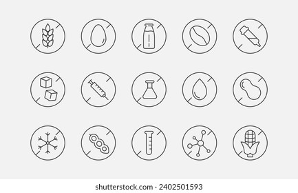 Food allergen free line icons. No Lactose, gluten, sugar, corn, egg, trans fat, soy, nuts, coffeine free sign. Vector