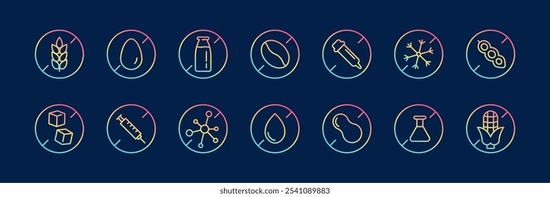 Food Allergen Free set. Gradient line icons. Lactose free, gluten free, sugar free signs. Vector illustration on dark background