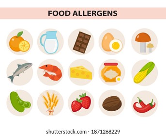 Food allergen icon set flat style. Allergy products, meal allergies. Isolated on white background. Vector illustration