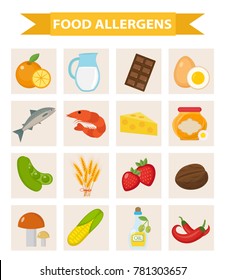 Food Allergen Icon Set Flat Style. Allergy Products, Meal Allergies. Isolated On White Background. Vector Illustration