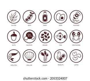 Food allergen icon set. Icons of the main ingredients that must be declared as allergens. Very useful for restaurant menus and meals. Monochromatic vector icons.