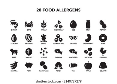 Food allergen icon set on white background