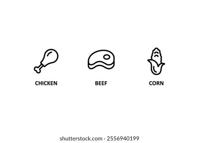 Food allergen icons. Chicken icon, beef, corn sign. Allergen free products. Products warning symbols.