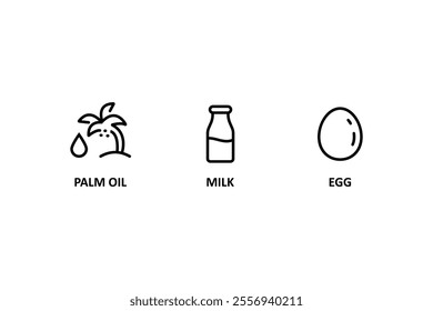 Food allergen icons. Allergen free products. Products warning symbols. palm oil icon, milk, egg sign