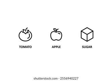 Food allergen icons. Allergen free products. Products warning symbols. tomato icon, apple, sugar sign