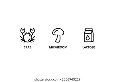 Food allergen icons. Allergen free products. Products warning symbols. Crab icon, mushroom, lactose sign