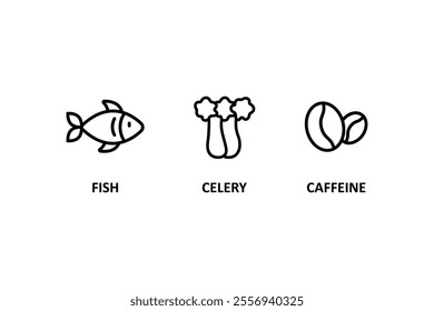 Food allergen icons. Allergen free products. Products warning symbols. Fish icon, celery, caffeine sign