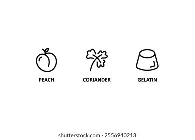 Food allergen icons. Peach icon, coriander, gelatin sign. Allergen free products. Products warning symbols.