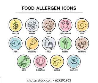 Food allergen icons set. 14 food ingredients that must be declared as allergens in the EU. Useful for restaurants and meals. Hand drawn doodle version.