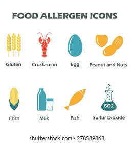 Food allergen icons set isolated on white background. Colorful vector illustration.