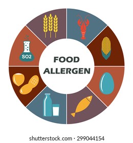 Food Allergen Icons Set Isolated On White Background. Infographics Template. Colorful Vector Illustration.