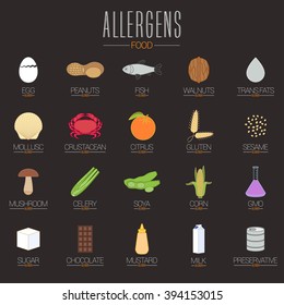 Food Allergen Icons Vector Set (gluten, Lactose, GMO, Nuts, Etc.). Food Intolerance Symbols Collection. Bright Graphic Illustration For Allergy Related Information Materials