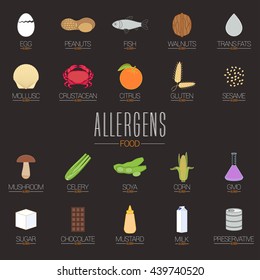 Food allergen icons vector set (gluten, lactose, GMO, nuts, etc.). Food allergy symbols. Food intolerance signs