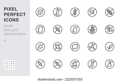 Food allergen line icon set. Gluten free, sugar, lactose, hormone, without peanut, no soy, fat minimal vector illustration. Simple outline sign for meal label. 30x30 Pixel Perfect, Editable Stroke svg
