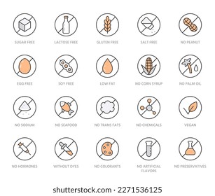 Food allergen line icon set. Gluten free, sugar, lactose, hormone, without peanut, no soy, trans fat minimal vector illustration. Simple outline sign for meal label. Orange color. Editable Stroke svg