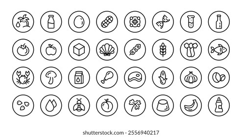 Food allergen line icon set. Gluten free, sugar, lactose, fish, without soybean, shellfish, gmo free, vector illustration. Simple outline sign for meal label.