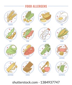 Food Allergen Set, Collection Of Gluten, Nut, Fish, Milk, Lactose, Egg, And Other Allergy Products Icons For Health And Nutrition, Isolated Hand Drawn Cartoon Vector Illustration On White Background