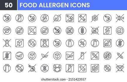 Food Allergen vector line icon set. Contains linear outline icons like Gluten, Milk, Soya, Fish, Shellfish, Egg, Sugar, Peanut, Crustacean, . Editable use and stroke.