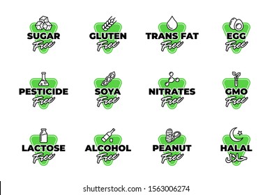 Food allergen warning labels. Sugar, pesticide, egg, lactose, nitrates, gluten, alcohol, peanut, trans fat, soya gmo ingredients free badges Halal arabic script certificate tag Vector illustration