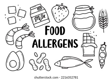 Food Allergens. Allergen Products Collection. Vector illustration. Allergy. Doodle style. Allergen fish, egg, honey, gluten, milk.