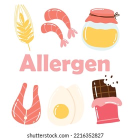 Food Allergens. Allergen Products Collection. Vector illustration. Allergy. Drawn style. Allergen fish, egg, honey, gluten.