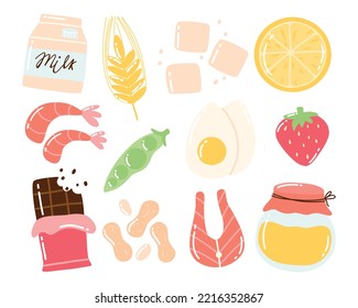 Food Allergens. Allergen Products Collection. Vector illustration. Allergy. Drawn style. Allergen fish, egg, honey, gluten, milk.