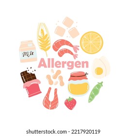 Food Allergens. Allergen Products Collection. Vector illustration. Allergy. Drawn style. Allergen fish, egg, honey, gluten, milk.