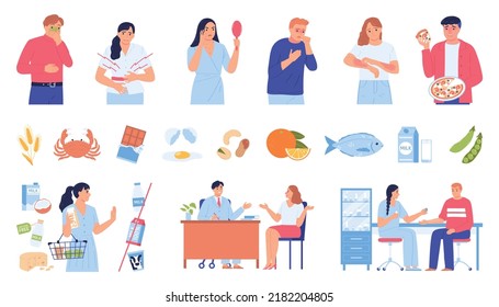 Food allergens allergy icon set types of allergies such as nausea skin rash abdominal pain cough urticaria and products that cause allergic reactions vector illustration
