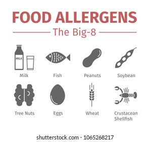 Food allergens flat icons. A group of the eight major allergenic foods is often referred to as the Big-8.