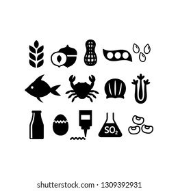 Food allergens icon set. Black isolated food allergens vector set. Gluten, peanuts, tree nuts, soy allergy silhouette icons.