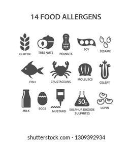 Food allergens icon set. Black isolated 14 food allergens with text names vector set. Gluten, peanuts, tree nuts, soy allergy silhouette icons.