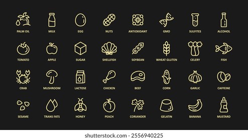 Food allergens icon. Vector set of 32 icons with editable stroke. The collection contains most allergenic products, such as gluten, fish, eggs, shellfish, peanuts, lupine, soy, celery, milk, tree nuts